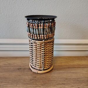 Vtg Wicker Rattan Beaded Candle Holder Metal Frame Boho Home Decor 9”